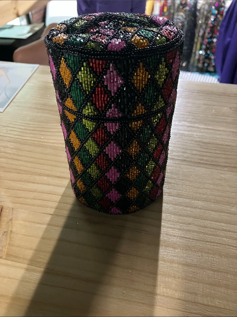 Bob Mackie Black Beaded Cylinder Case with Pink, Green, Red & Gold Accents